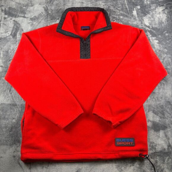 Vintage Guess Sport Red Fleece Pullover Jacket Men's Medium M 80s Style 1/4‎ Zip - Picture 1 of 10